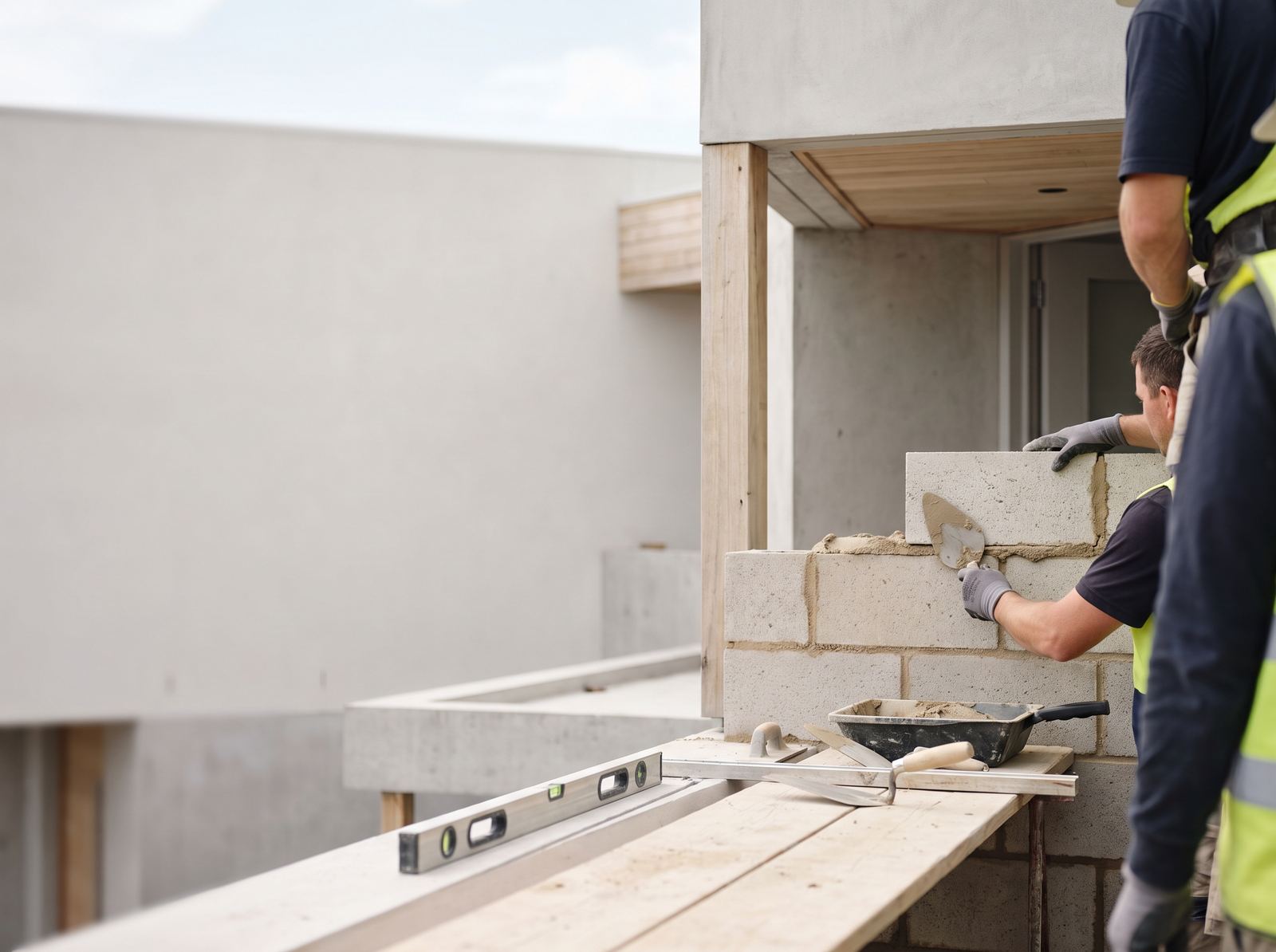 Equipo de Silvera Construcciones levantando un muro en obra